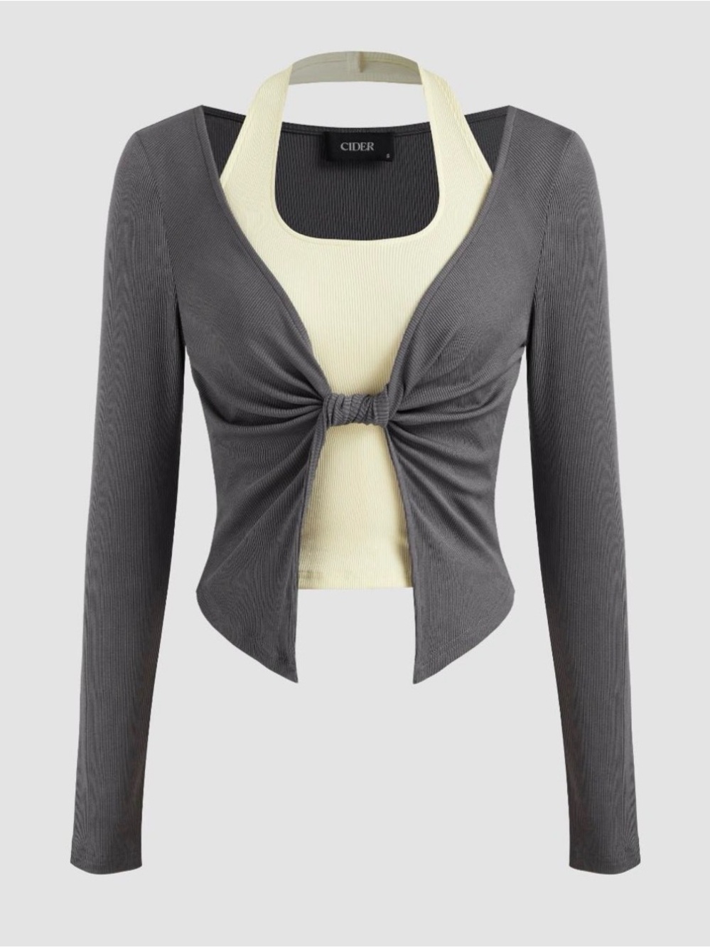 Cider Gray Tie-Front Long Sleeve with Cream Halter Cami